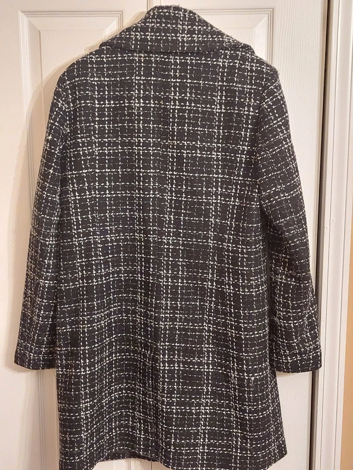 Chaqueta de abrigo para mujer Calvin Klein 10 mezcla de lana larga forrada de tweed negra blanca Foto 4 de 4