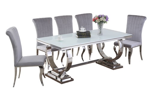 Arianna White Marble Dining Table + 6 x Grosvenor Luxury Grey Velvet Chairs - Picture 2 of 12