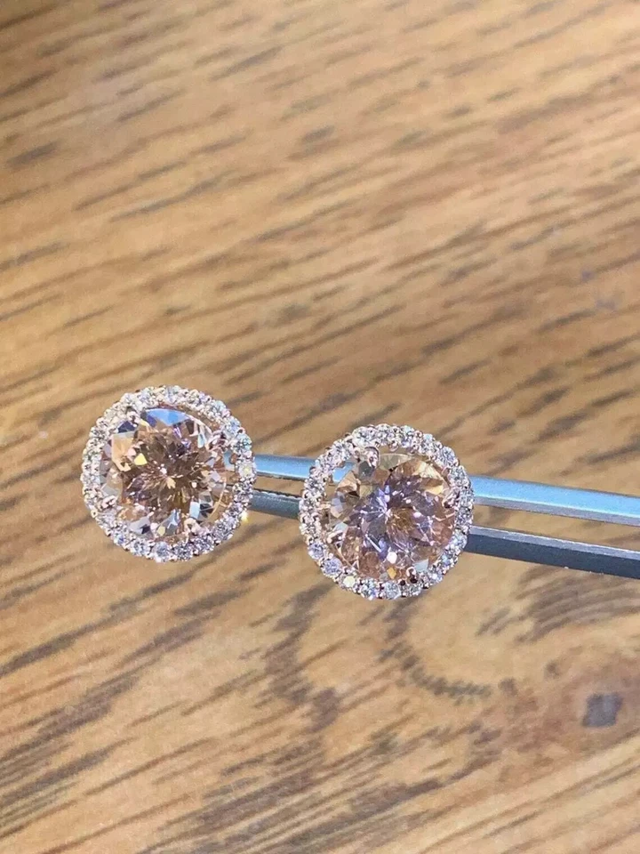 Simulated Morganite 4Ct Round Cut Halo Stud Earrings 14K Rose Gold Plated Silver - Image 4 of 4