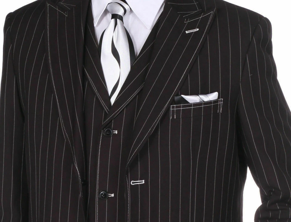 New Men's Classic Pinstriped Suit With Vest Black/White 36" Length 38R~60L - Image 2 of 3