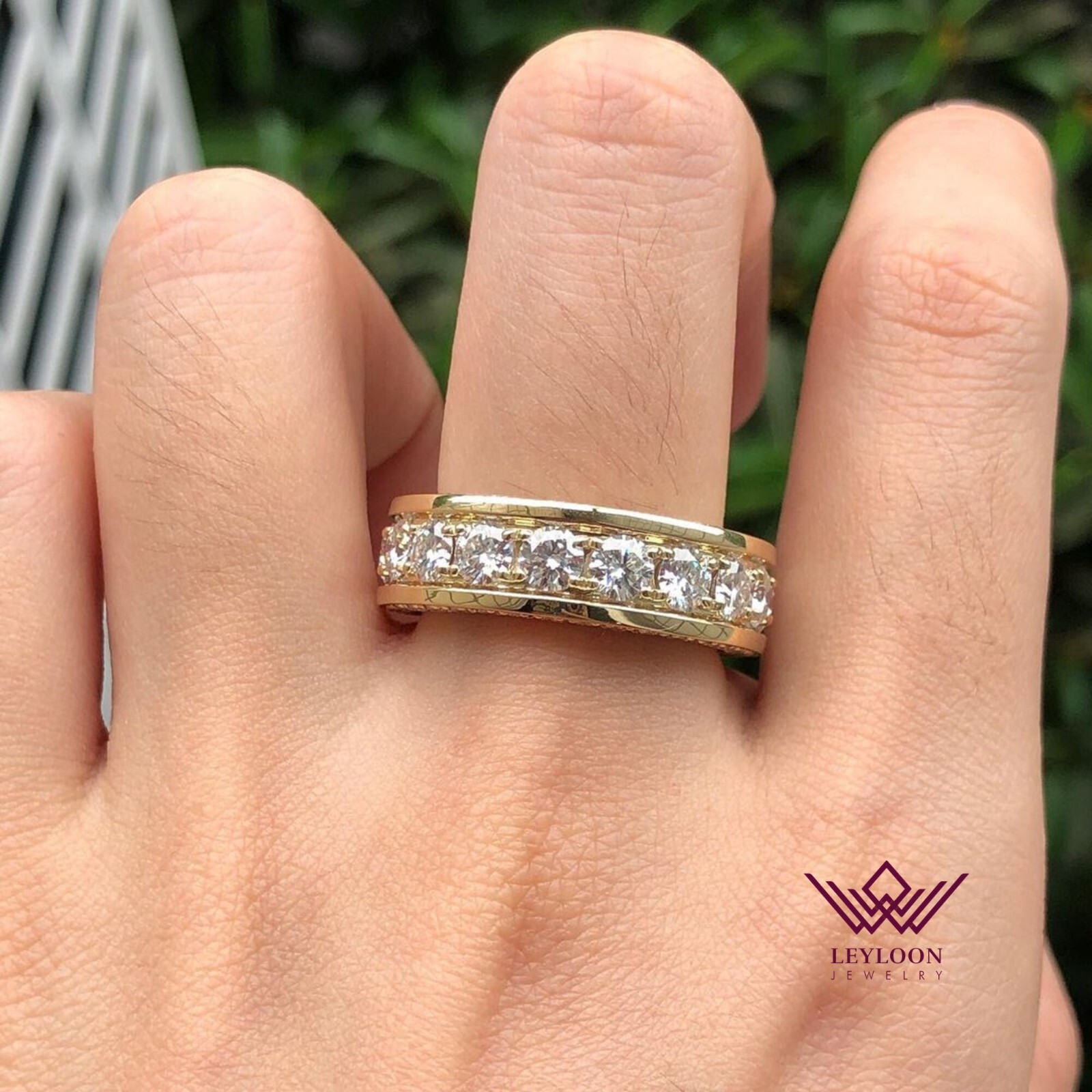 Round Cut D Color Moissanite 18K Yellow Gold Eternity Band