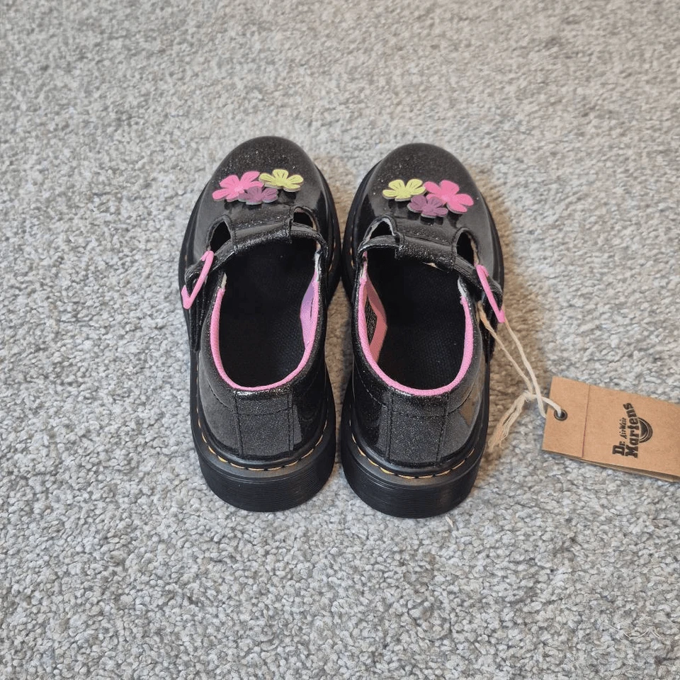 Dr. Martens Girls Size 1 Polley Mary Janes Black Sparkle Pink Flowers - Image 3 of 4