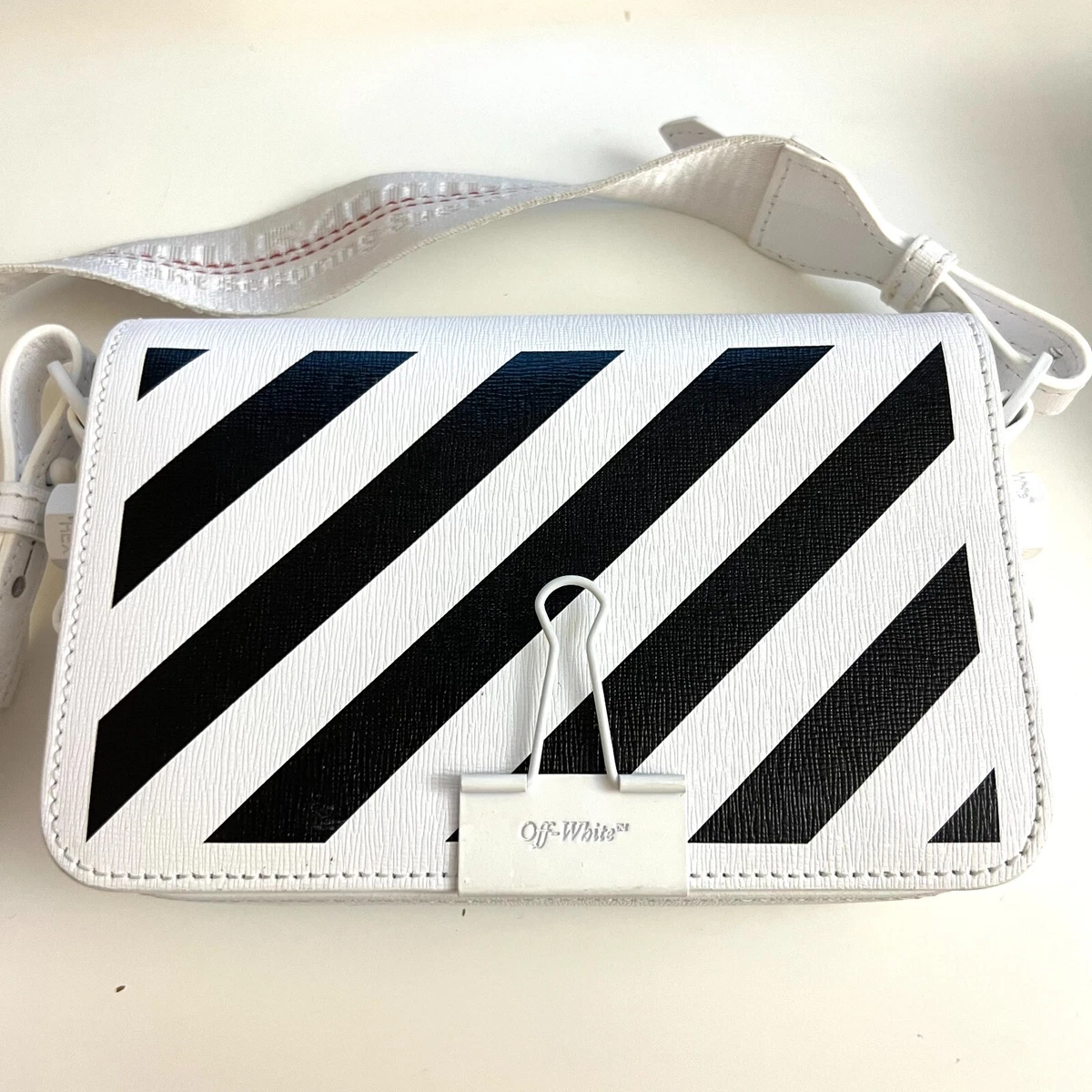 OFF-WHITE Calfskin Diag Flap Bag White Black Women Men Bag Unisex