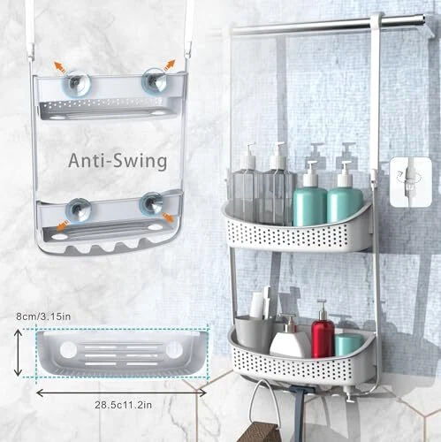 Shower Caddy Hanging, Anti-Swing Over Head Shower Caddy,Plastic Bathroom White