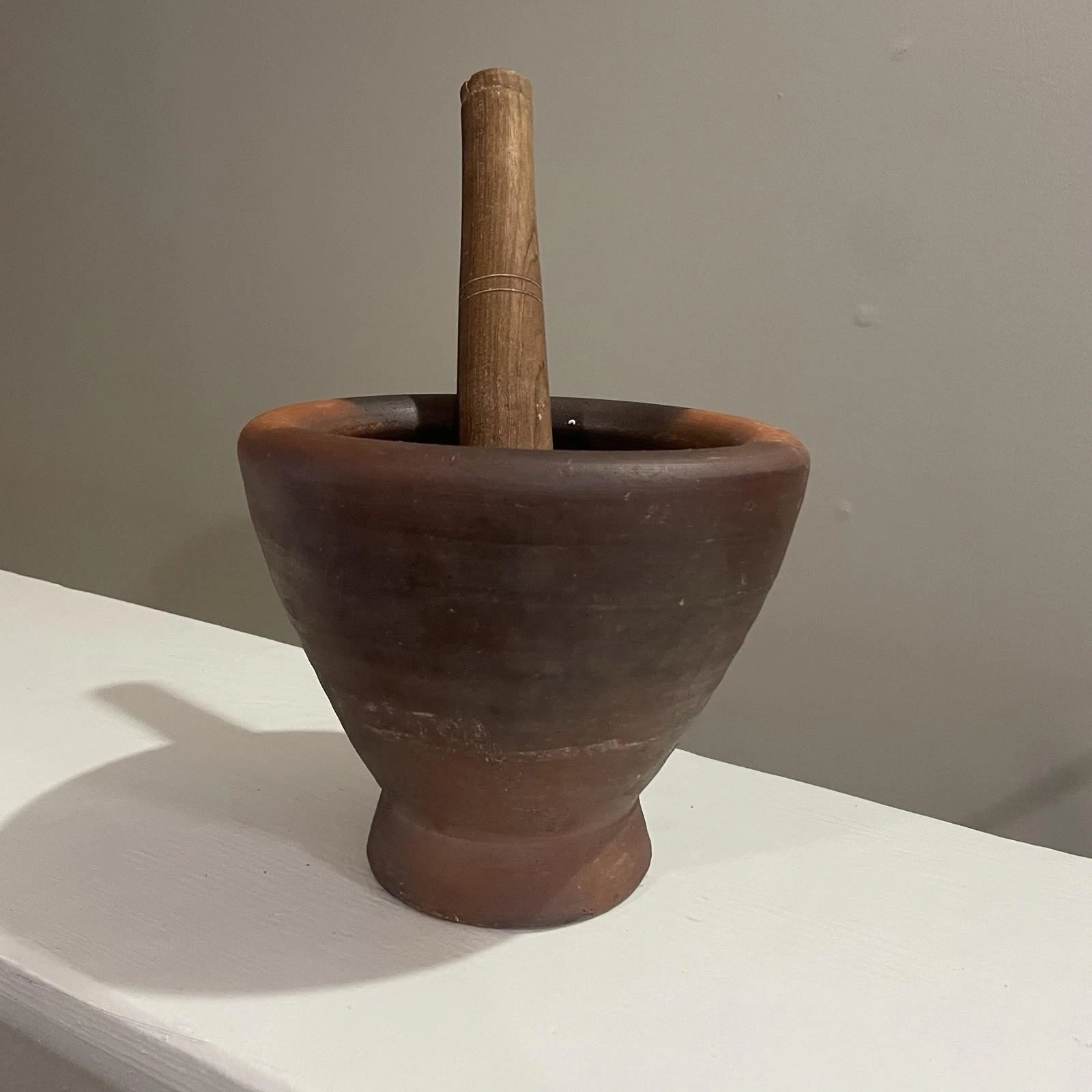Vintage Hand Thrown Clay Mortar & Wood Pestle Primitive Rustic Farmhouse Decor