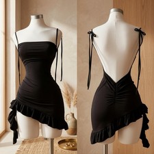 [Black] Sexy Backless Mini Dress Lace Up Asymmetric Clubwear Hip Hugging Skirt