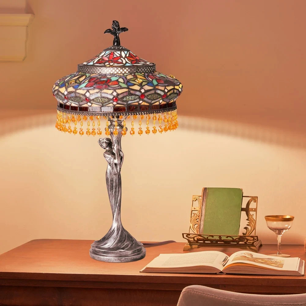 Tiffany Style Table Lamp Stained Glass Art Deco Lady - Antique