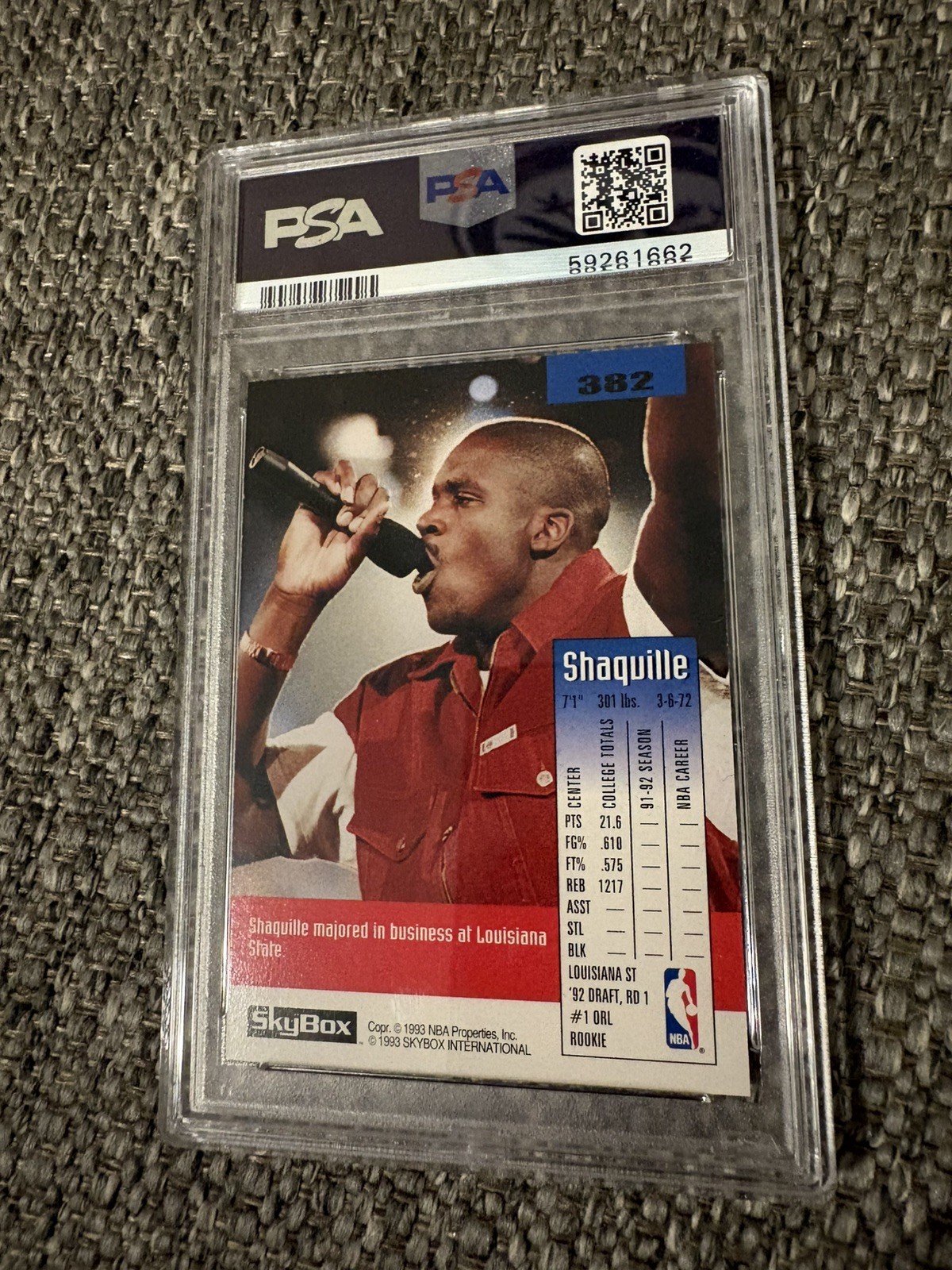 1992-93 Skybox - Shaquille O'Neal Rookie Card(20), Orlando Magic, PSA 9 view 2