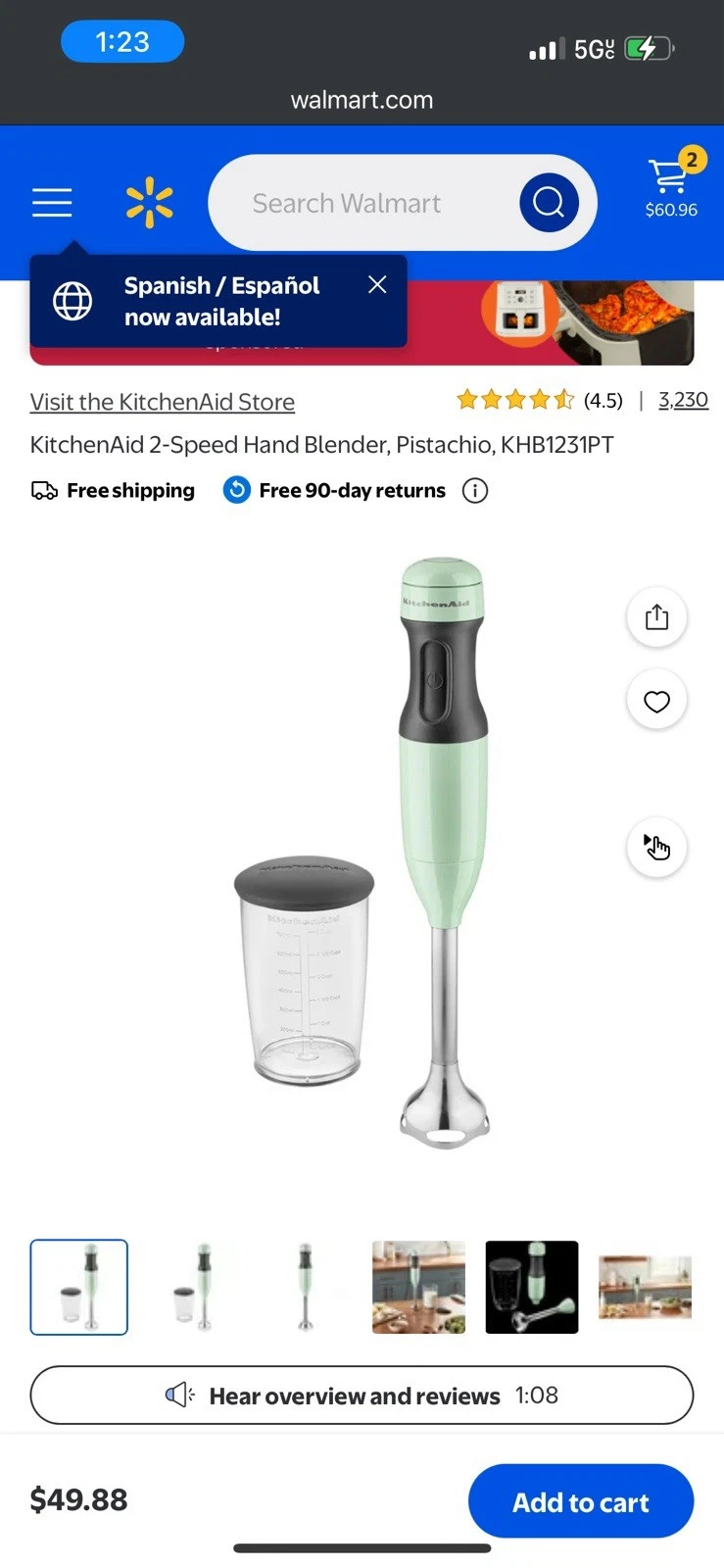 KitchenAid 2-Speed Hand Blender, Pistachio, KHB1231PT
Opens in a new window or tab