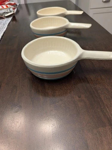 set of 3 McCoy pink and blue stripe individual open casserole bowls