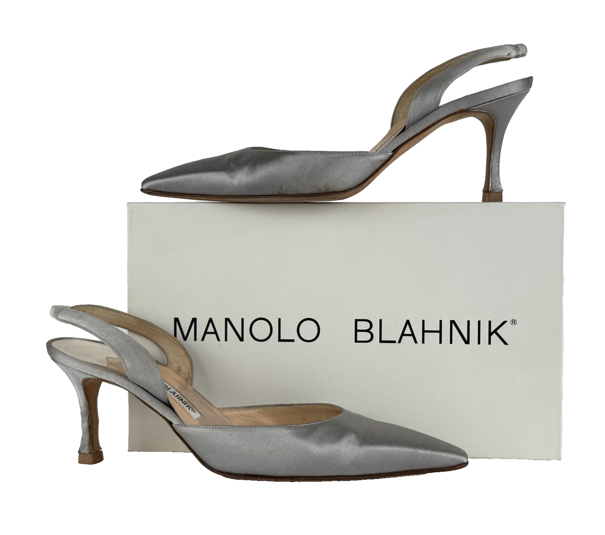Manolo Blahnik Auth US 38 Satin Silver Slingback Heels Pumps