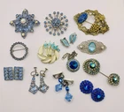 Vintage Lot of Shade Of Blue Rhinestone Vintage Costume Jewelry Brooches Earring
