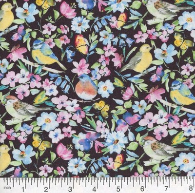 BIRDS N BLOOM 100% Cotton Fabric, Black