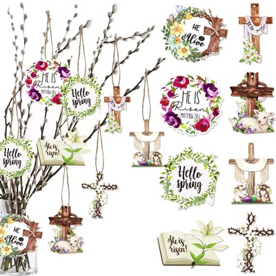 24 Pieces Happy Easter Wooden Hanging Signs Easter Cross Hanging Ornaments He...