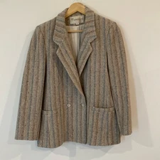 John Meyer Vintage Wool Tweed Blazer Beige Herringbone Stripes Neutral Size 10