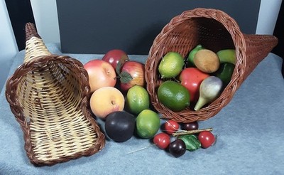 Set of 2 Cornucopias/Horn Of Plenty w/Faux Fruit & Gourds