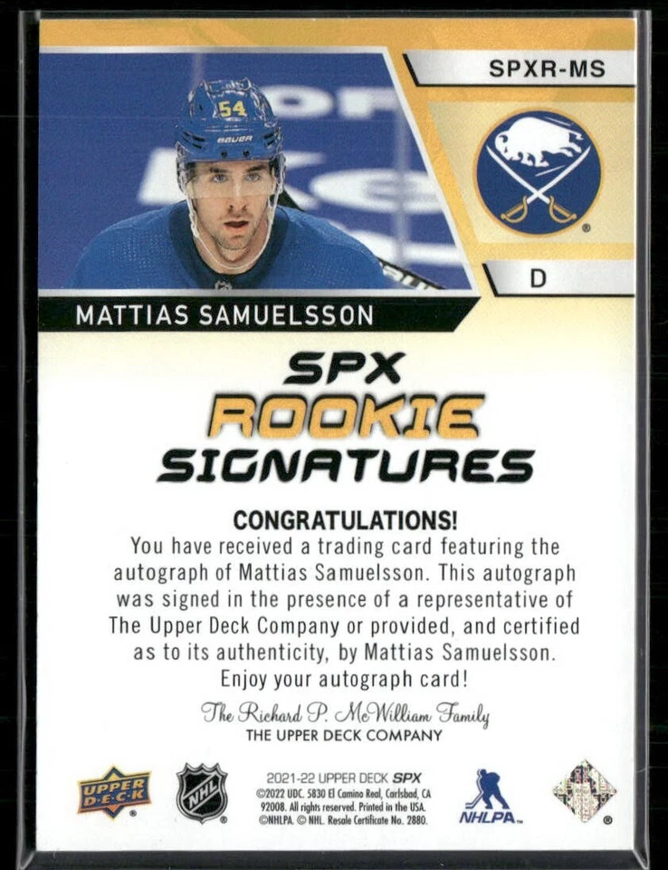 Mattias Samuelsson 2021-22 SPx SPx Rookie Signatures Auto RC #SPXR-MS - Image 2 of 2