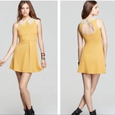 Free People Buttercream Waffle Yellow Mustard Dress With Crochet Lace Collar M