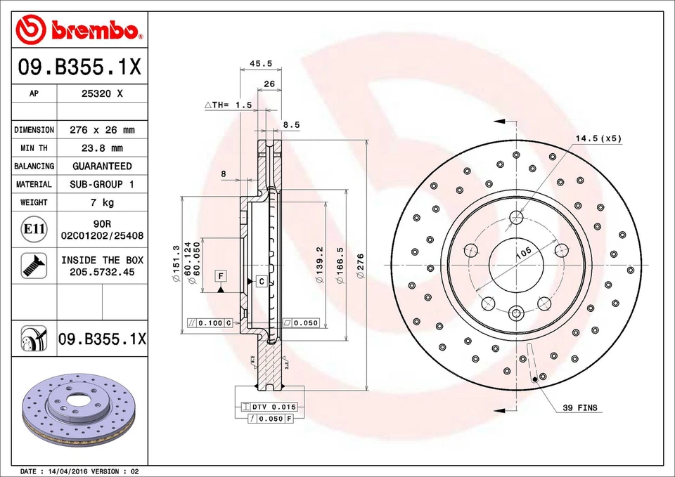Rotor de freno de disco delantero Brembo 09.B355.1X 276 mm para Chevrolet Sonic 2012-2020 Foto 3 de 4