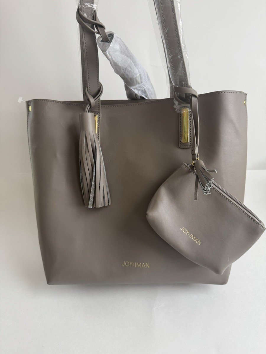 Joy Iman Grey Leather Tote Bag Removable Insert Organizer Wristlet  Tassle