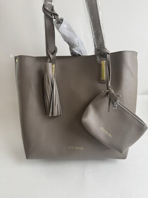 Joy & Iman Grey Leather Tote Bag Removable Insert Organizer & Wristlet Tassle