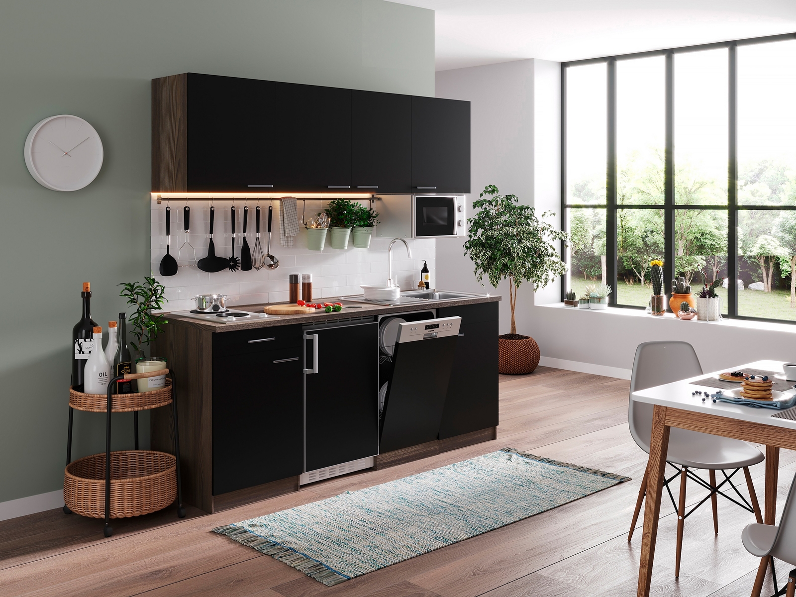 Küche Küchenzeile Singleküche Eiche York Schwarz Oliver 195 cm Respekta