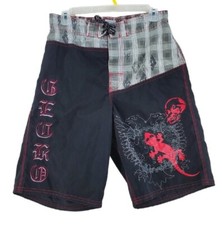 Vintage Gecko Hawaii Trunks Shorts Mens M Black Red Mixed Media 2-Headed Phoenix