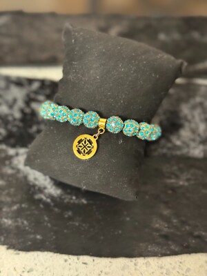 Rustic Cuff 6.5'' Blue Crystal Beaded Stretch Bracelet   Stunning Gold Charm