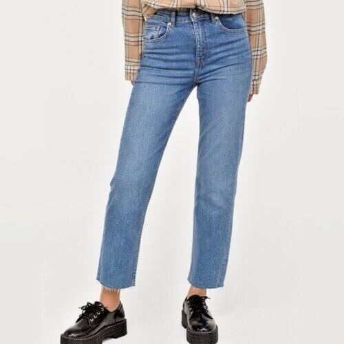 H M Divided Size Straight Leg High Waist Raw Hem Denim Jeans