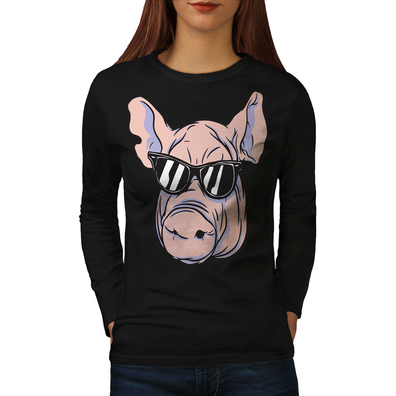 Wellcoda Pig With Sunglasses Cool And Stylish Womens Long Sleeve T-shirt
