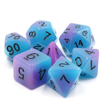 New 7 Piece Blue Purple Glow in the Dark Polyhedral Dice Set   Blue Bag 