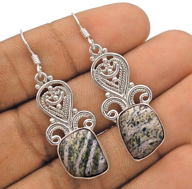 Natural Seraphinite Filigree Earrings in 925 Sterling Silver – Jewelry @B19-9