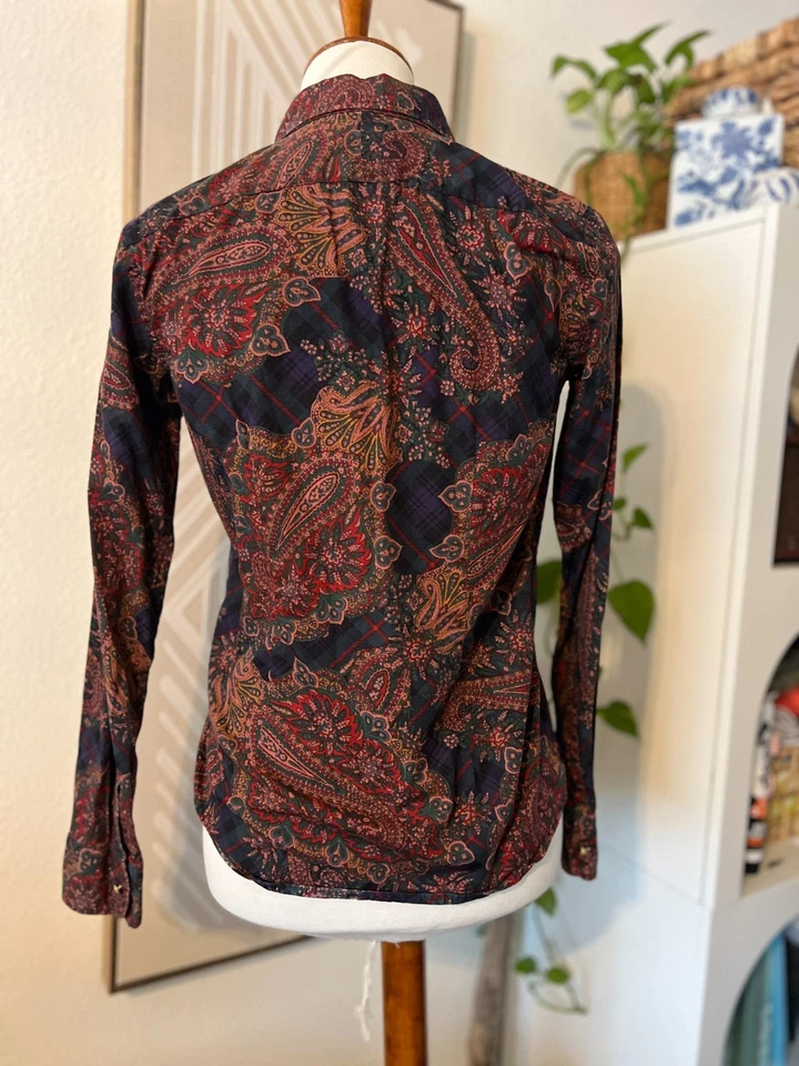 Chaps Womens Plaid Paisley Navy Button Up Blouse Sz S Old Money Equestrian Fall - Image 3 of 4