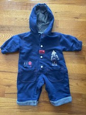 Vintage B.T. Kids 3/6 Months Farmer Hooded Romper Navy Mini Farmer Warm