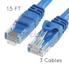 3x 1.5FT CAT6 Cable Ethernet Lan Network CAT 6 RJ45 Patch Cord Internet Blue NEW