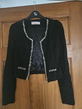 Ladies Black Lace Jacket,Pearl Bead Trim  AL & Gogo & Girl Lined XS Stretch