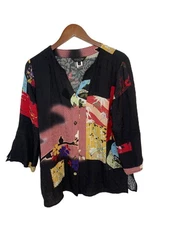 Citron 100% Silk Blouse Top Women’s Size Large Patchwork Asian Floral Arsty