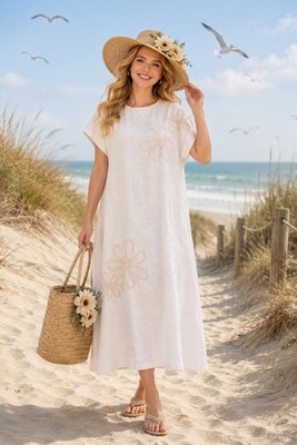 Elegant Linen Dress in Ecru Linen Colour - Summer Dress with Pockets M/L; XL/XXL
