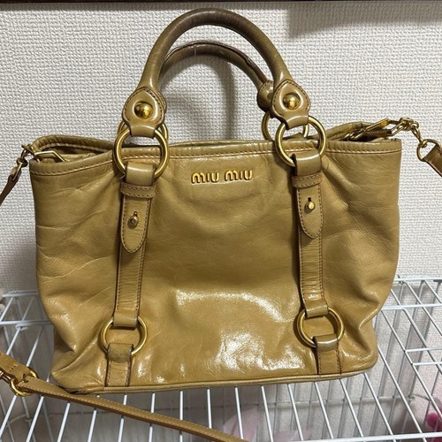 MIU MIU Vitello Lux 2way Shoulder Bag Beige Leather Tote Vintage Handbag JAPAN