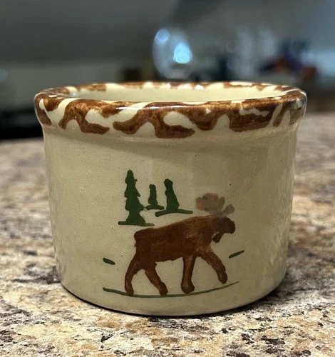 Vintage Alpine Pottery Roseville Ohio 1998 Stoneware Moose-Themed 2” Low Crock