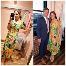 Anthropologie Farm Rio Printed Puff Sleeve Midi Dress Linen Blend Sz M Green