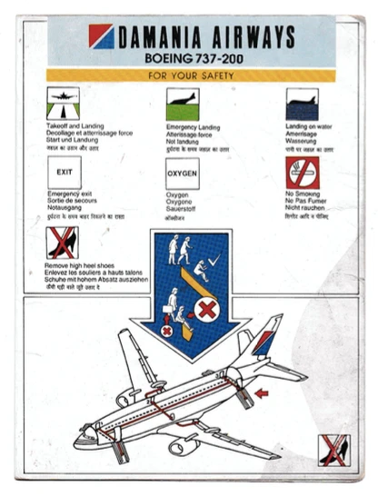 Safety card Damania Airways Boeing 737-200 - Photo 1/1