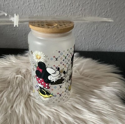 Glas Holz Deckel Becher Mickey Minnie Disney Neu  Strohhalm
