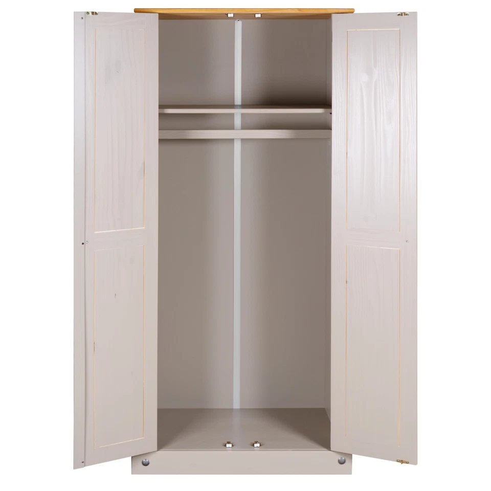 Corona Wardrobe 2 Door Grey Bedroom Solid Mexican Pine Wood Flat Top - Image 3 of 4