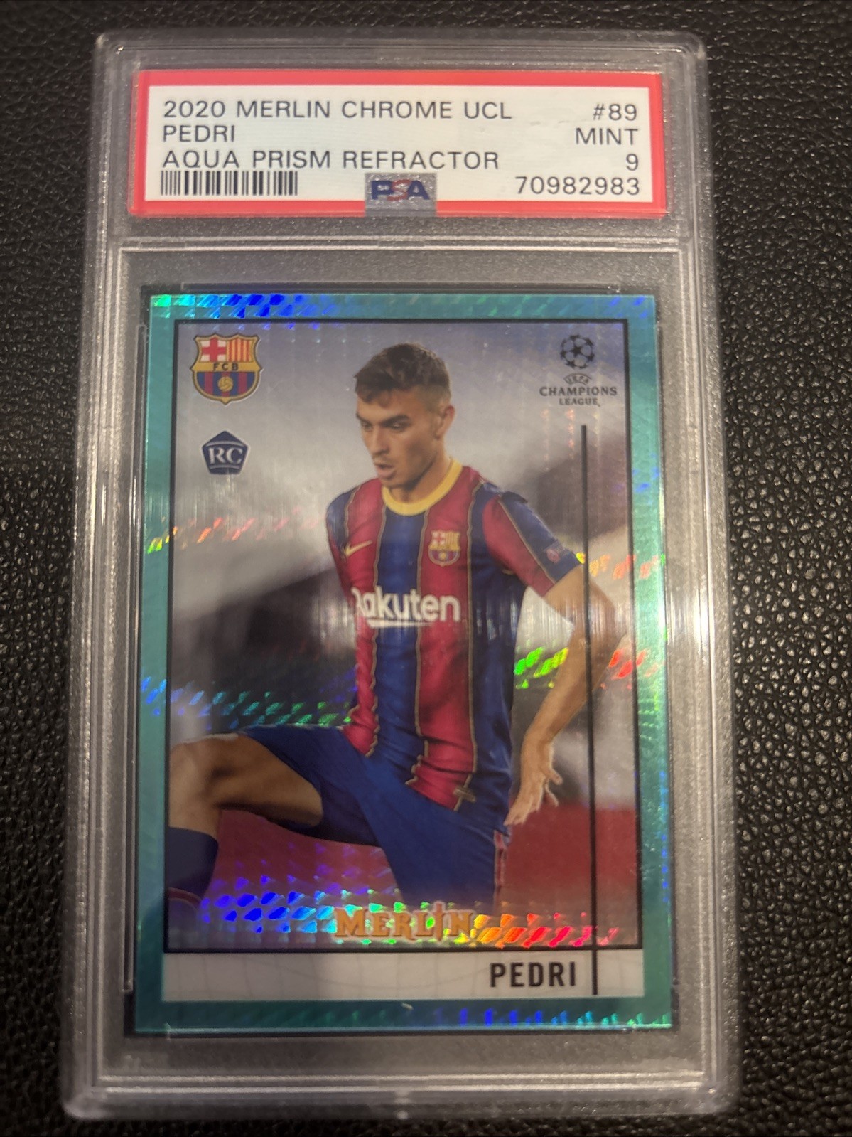 2020-21 Topps Merlin Chrome UCL - Pedri #89 Aqua Prism Refractor (RC) PSA 9