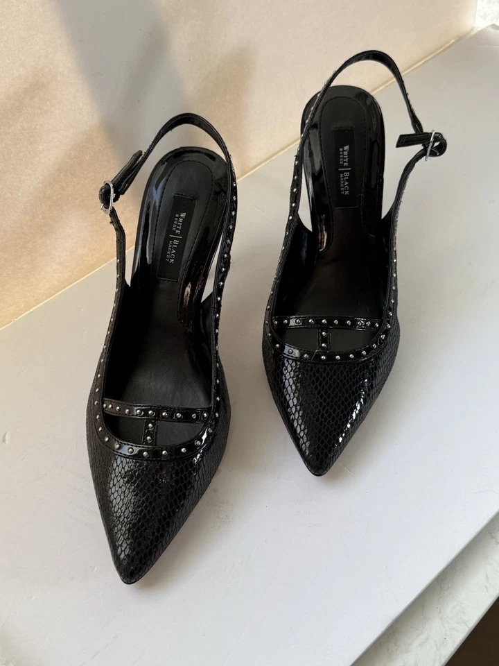 White House Black Market Heels Black Sling Backs Leather Studs US 8M - Image 4 of 4