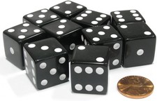 Set of 10 Large Six Sided Square Opaque 19mm D6 Dice - Black with White Pip Die