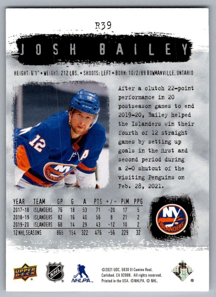 2020-21 SP Authentic Retro Josh Bailey New York Islanders #R39 - Image 2 of 2