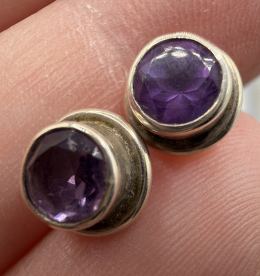 SAJEN 925 Sterling Silver & Amethyst Post Stud Round Earrings Signed