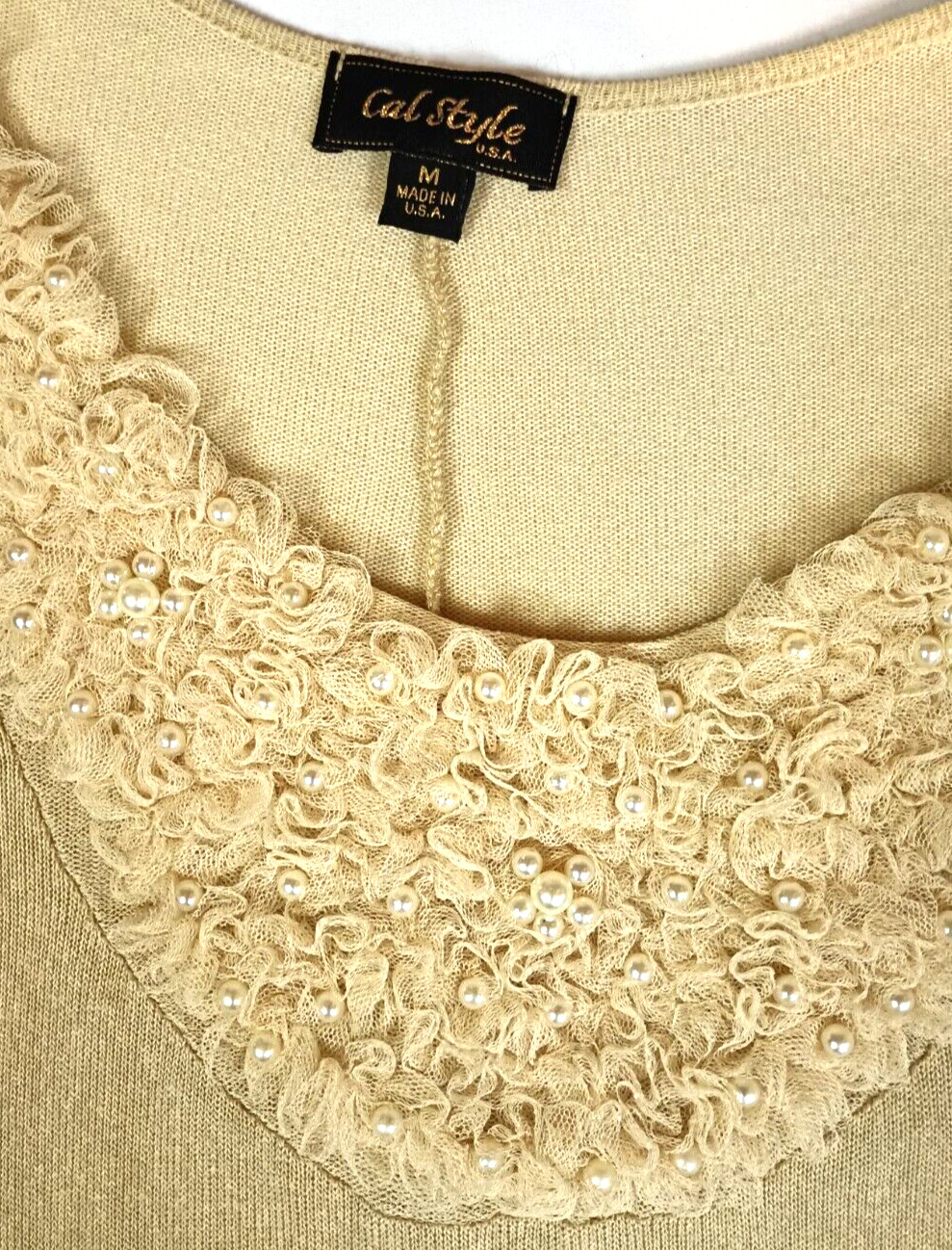 Cal Style Top Womens M Beige Tunic Pearl Studded Semi Sheer Boho Dressy Chic